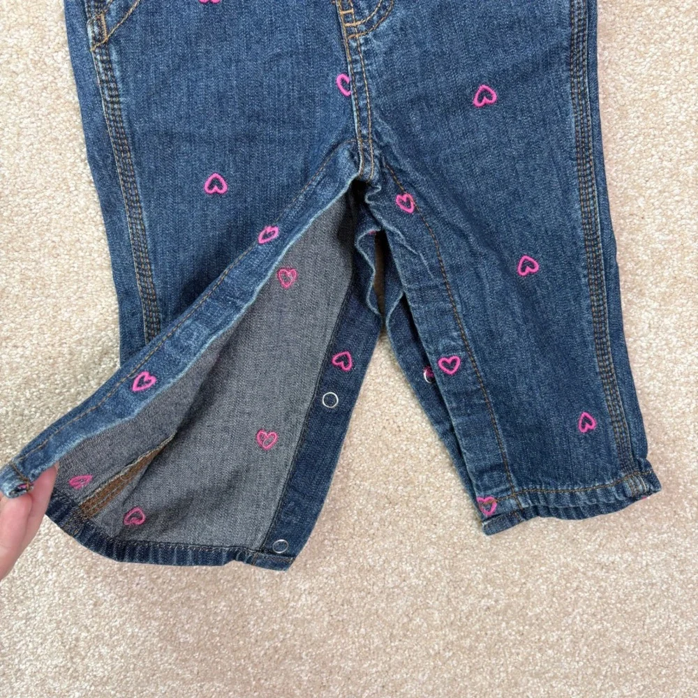 OSHKOSH Vestbak Denim Overalls Girls 9M Pink Heart Embroidered Bib